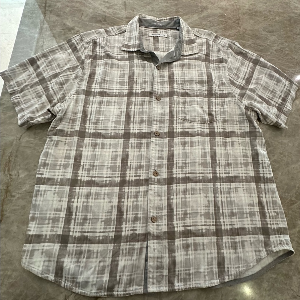 Tommy Bahama Men's Cream and Brown Plaid Shirt